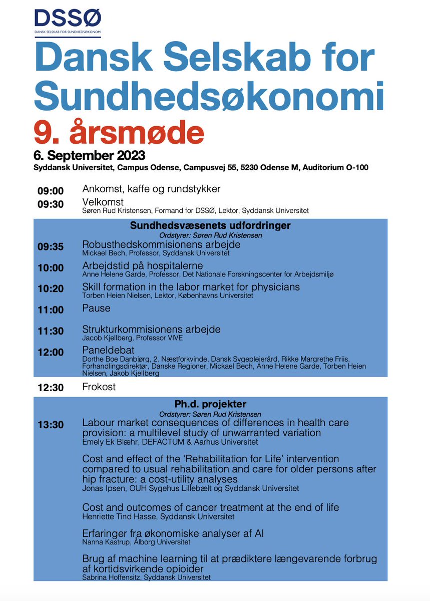 DaCHE_SDU's tweet photo. Skal du med til årsmødet i Dansk Selskab for Sundhedsøkonomi (DSSØ)? Der er nu åbent for tilmeldinger. Se her: https://t.co/W15htS0SEy https://t.co/Xp4RabQtL4