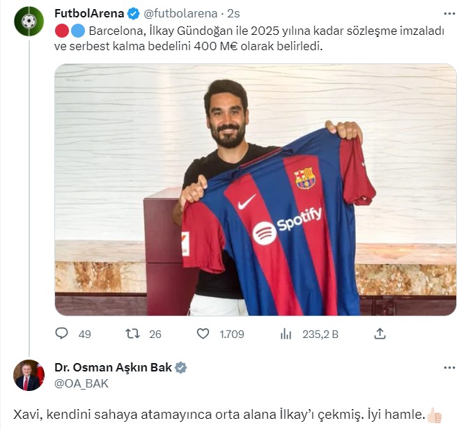 Gençlik ve Spor Bakanı Dr. Osman Aşkın Bak, Barcelona'nın İlkay Gündoğan transferini yorumladı. @OA_BAK 👇 

💬 'Xavi, kendini sahaya atamayınca orta alana İlkay’ı çekmiş. İyi hamle.👍🏻'