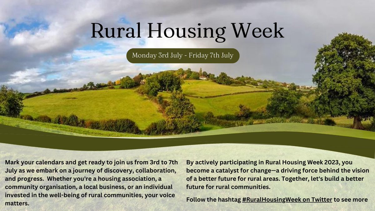 📢 Mark your calendars! #RuralHousingWeek 2023 is almost upon us (Mon 3rd July - Fri 7th July). By actively participating, you become a catalyst for change - a driving force behind the vision of a better future for rural areas. Together, let's build a better future for rural