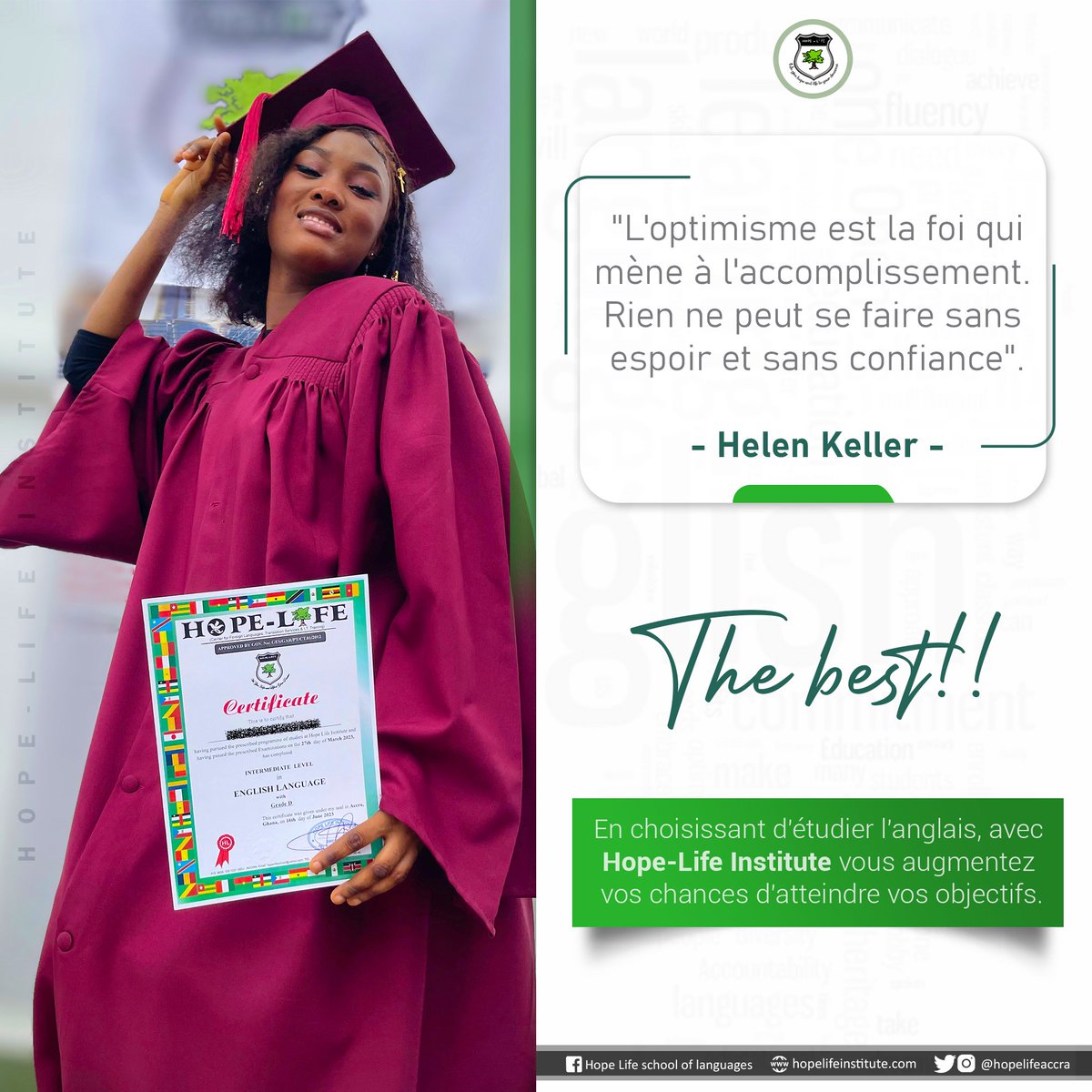 hopelifeaccra's tweet photo. Bonne semaine à tous nos étudiants et bonne chance pour vos examens de fin de semestre !
Voulez-vous commencer la nouvelle section avec nous à HOPE-LIFE ?
Ne vous inquiétez pas, les inscriptions sont en cours.
--
#hopelife #centredelangue #languagecenter #anglaisenligne https://t.co/OtmJaSUoz4