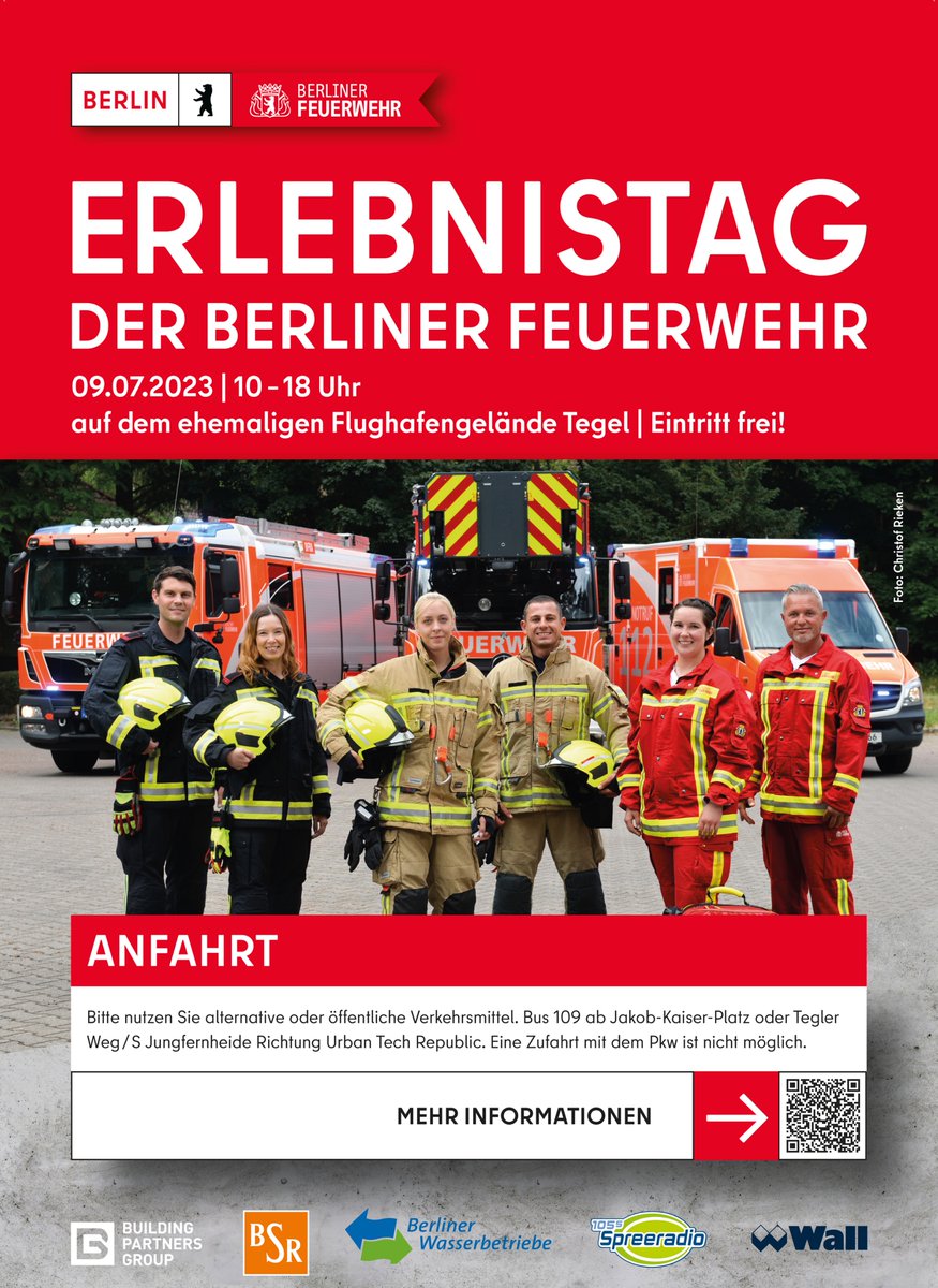 Am 09.07.2023 findet in der Zeit von 10 bis 18 Uhr der #Erlebnistag2023 auf dem Gelände des ehemaligen Flughafens Tegel statt. Erleben Sie die vielfältigen Aufgaben der Berliner Feuerwehr hautnah. Weitere Information unter: bit.ly/3mIHMrn