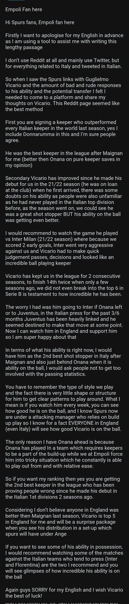 An empoli fan talking about vicario on the spurs subreddit page