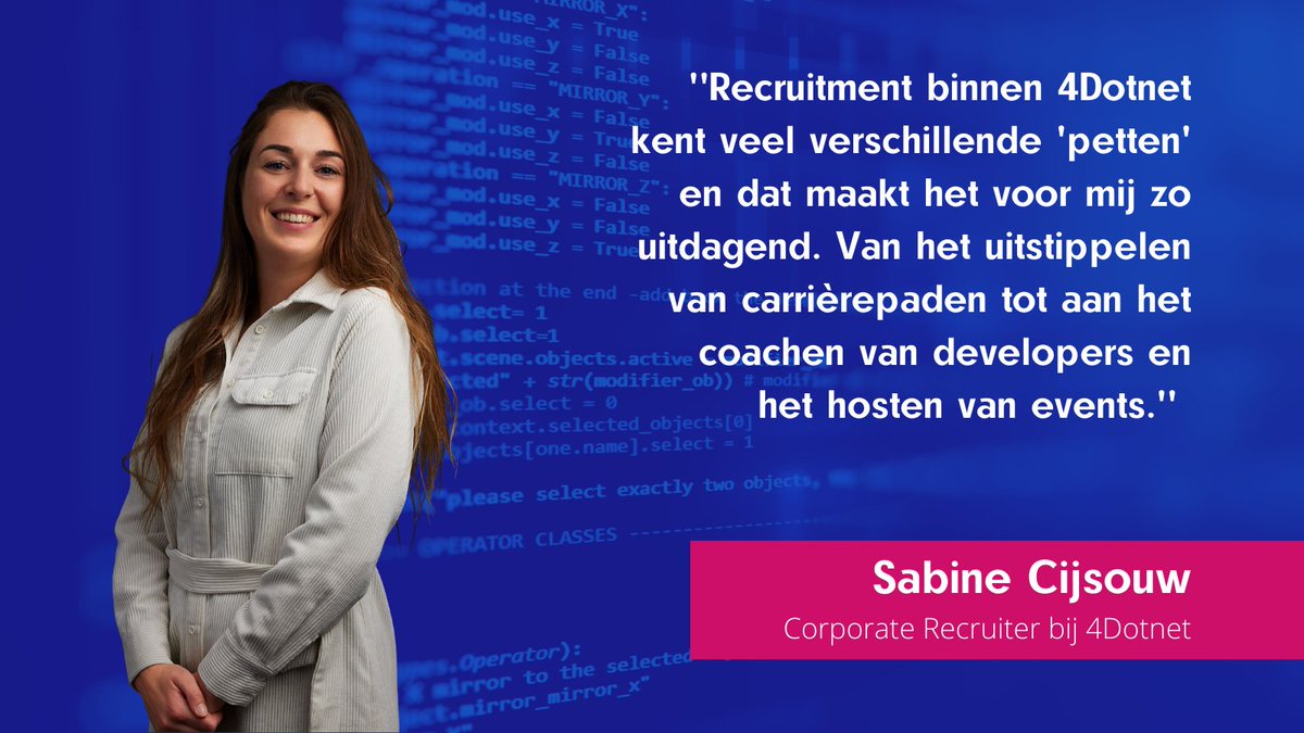 Onze collega en recruiter <a href="/scijsouw1/">scijsouw</a> over het werken binnen 4Dotnet als Corporate Recruiter.

Want wat maakt Sabine haar werk zo veelzijdig en leuk? 

#werkenbij4dotnet