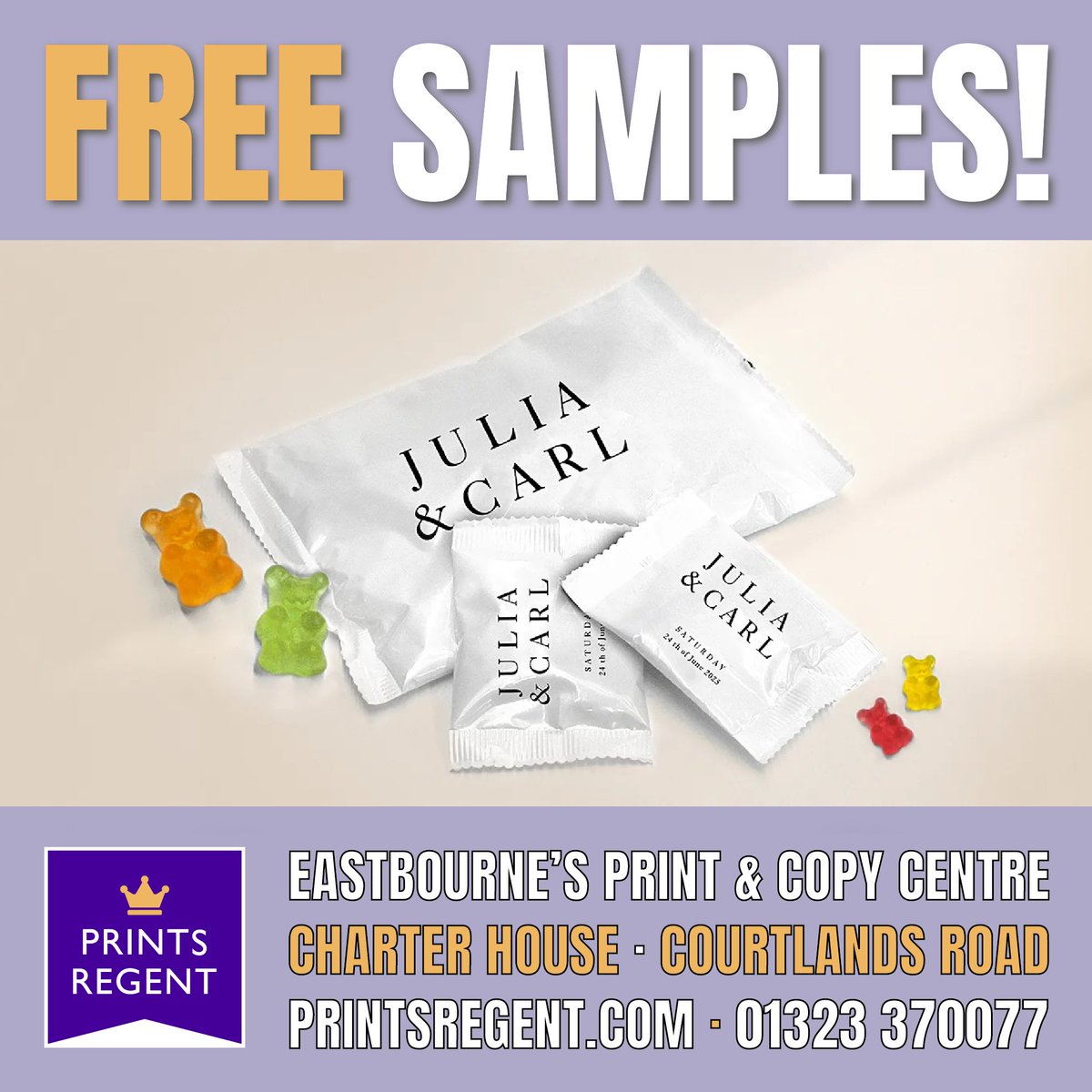 🔔 Our branded wine gums make for wonderful #weddingfavours as shown. This week we are giving away free sample packs of wine gums, while stocks last. All you need to do is pop along to our Eastbourne office and say 'hello'. Spread the word! 📣 #branding #merchandise #eastbourne