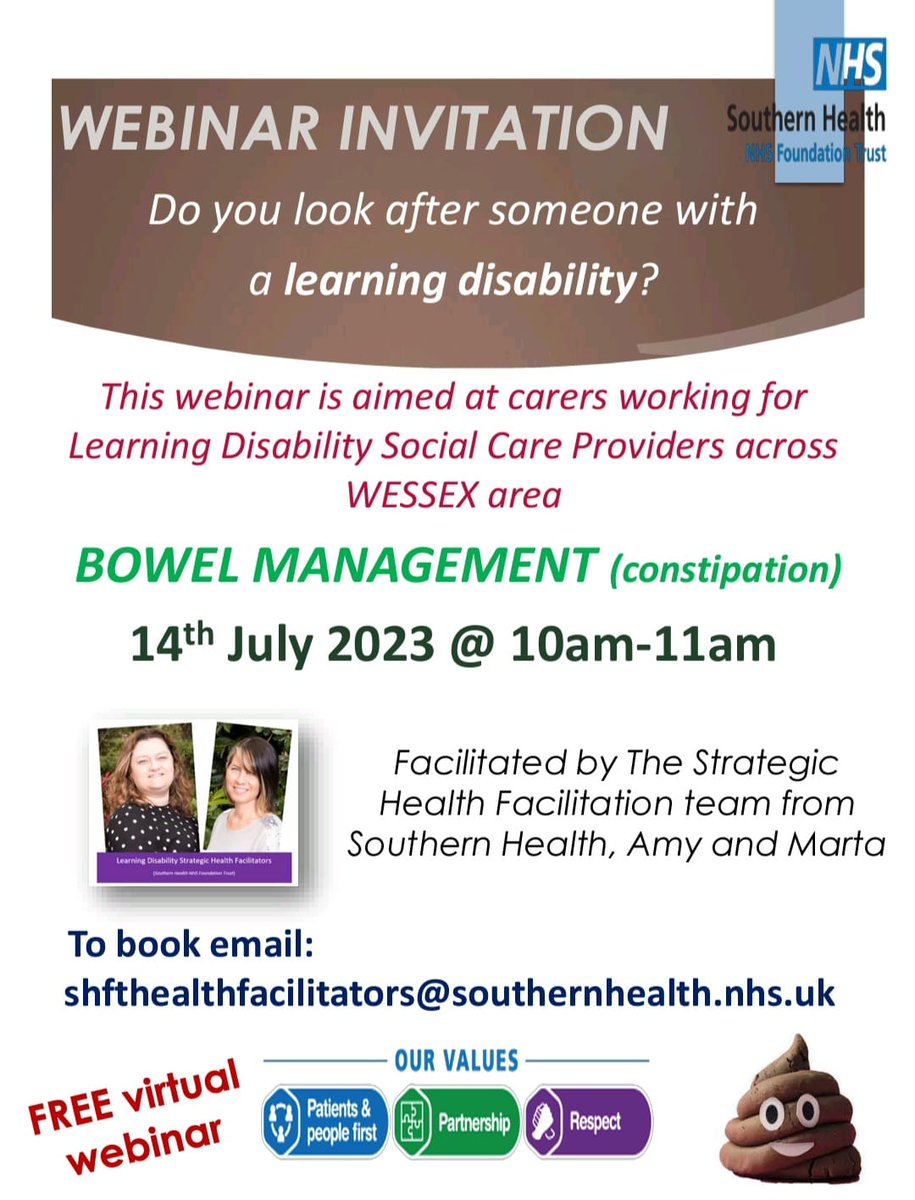 Gentle reminder: #bowel management training for #LearningDisability #CareProviders across #Wessex is coming up. Please book on ASAP. This is free and such #important #topic! @NHS_WCA ##Hampshire #Southampton @SotonMencap @HIOW_ICS @elveta4 @WinchesterGo_LD @VoiceAbility