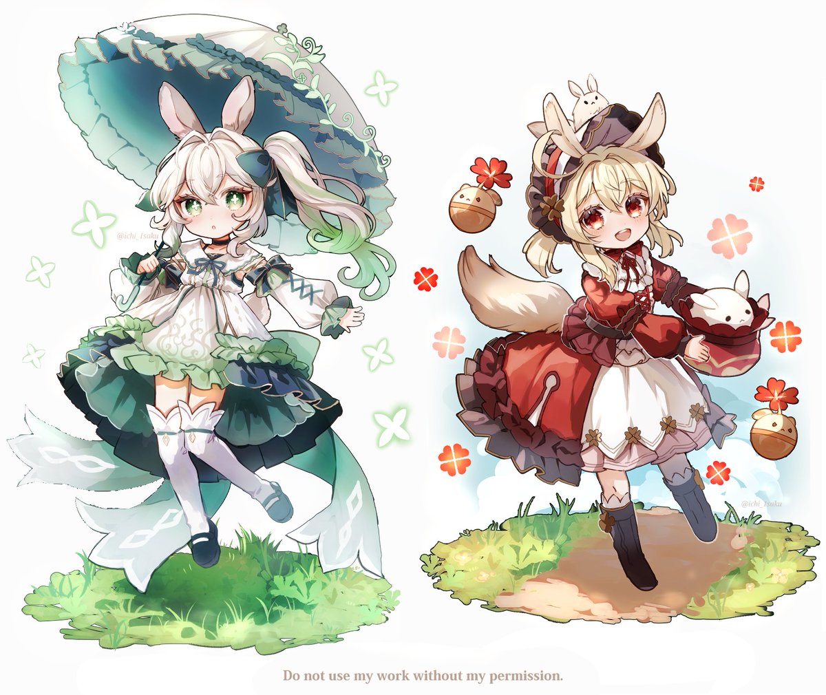 klee (genshin impact) ,nahida (genshin impact) multiple girls 2girls animal ears side ponytail umbrella pointy ears green eyes  illustration images