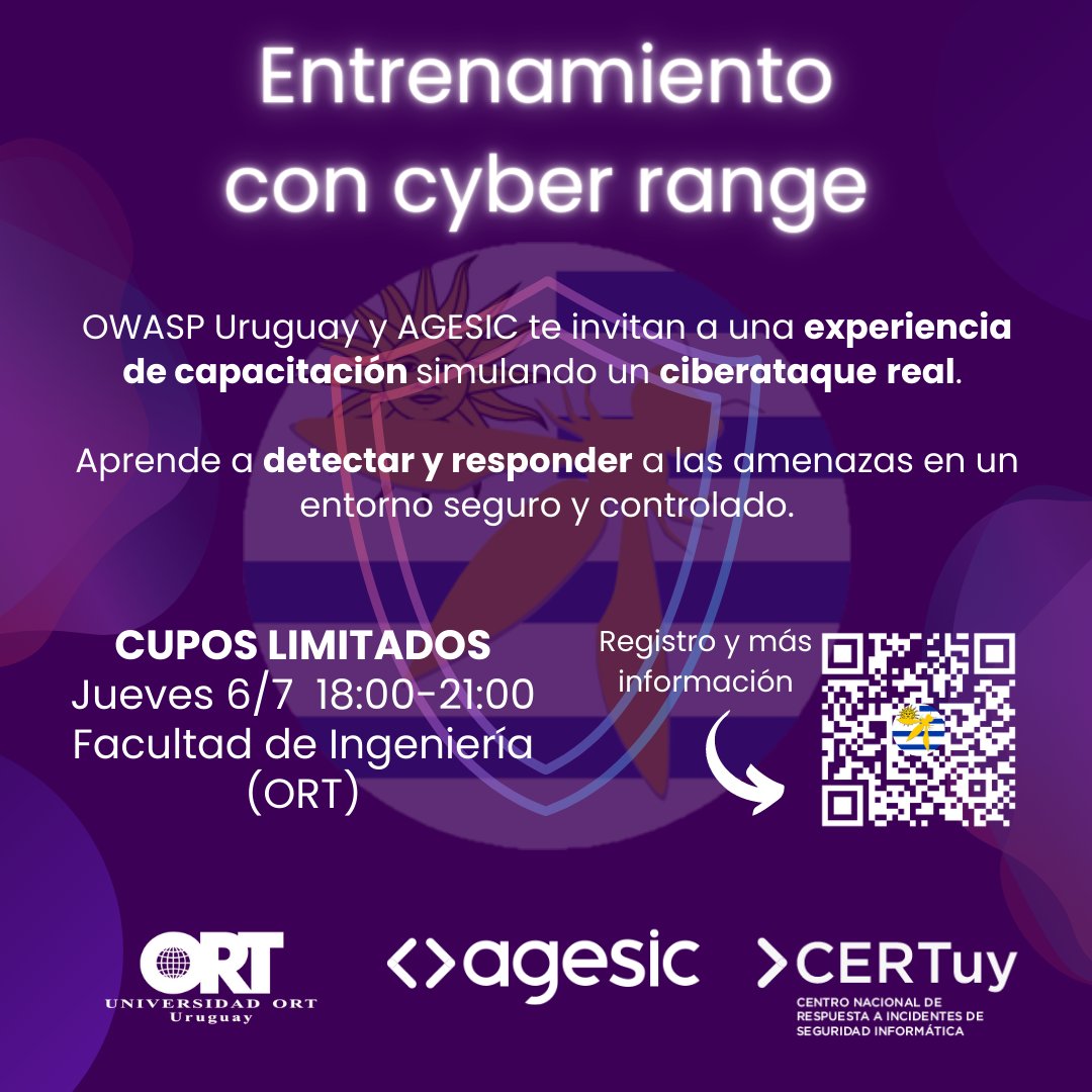 owasp_uy's tweet photo. ¡Nuevo evento OWASP UY! A través de AGESIC se brindará capacitación de respuesta a un incidente en su plataforma de cyber range. 
Cupos limitados. Registro y más info: https://t.co/idWvfN30Pr https://t.co/pwfIXYjm3c