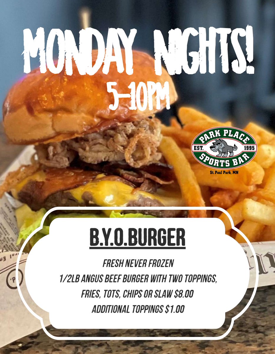 ParkPlace2's tweet image. Feast on a handmade 1/2lb Angus beef burger tonight! 🍔 Join us at 5pm to build your own unique creation for a delicious adventure. Two toppings are on us. Add toppings $1 each. Served with fries, tots, chips or slaw $8 #buildyourown #angusbeef #tastytreats #parkplacesportsbar