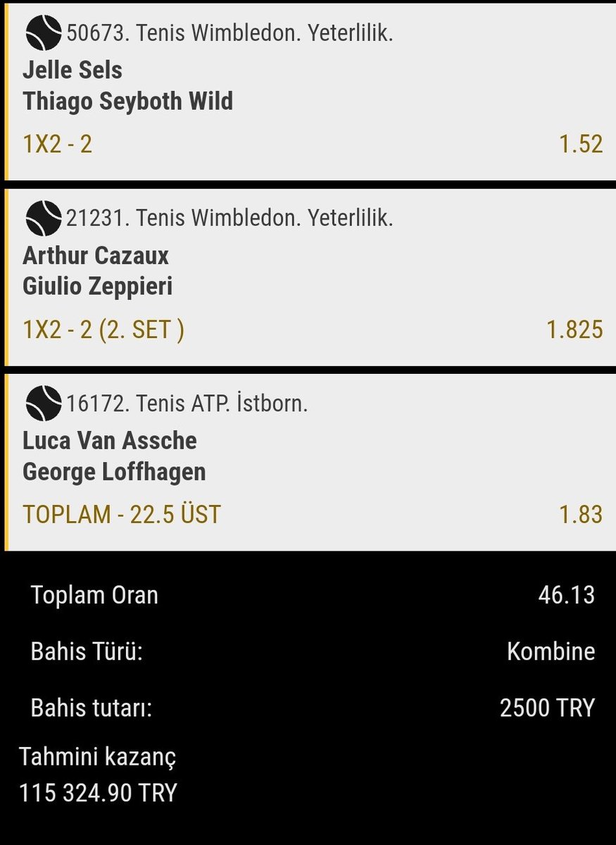 Wimbledon maçlarına hızlı bir giriş yapmasak olmazdı. 
Sürpriz kupon. 7 maç oran 47
3 maç canlıda. Maç önlerini önce alıp canlıdan ekleme yapabilirsiniz. 
Tutmayacak kupon değil.
Bol Şans arkadaşlar
Stake 7
#1xbet #bet #BETWOON #bahis #Canlibahis #bahis #CANLI #tennisbet