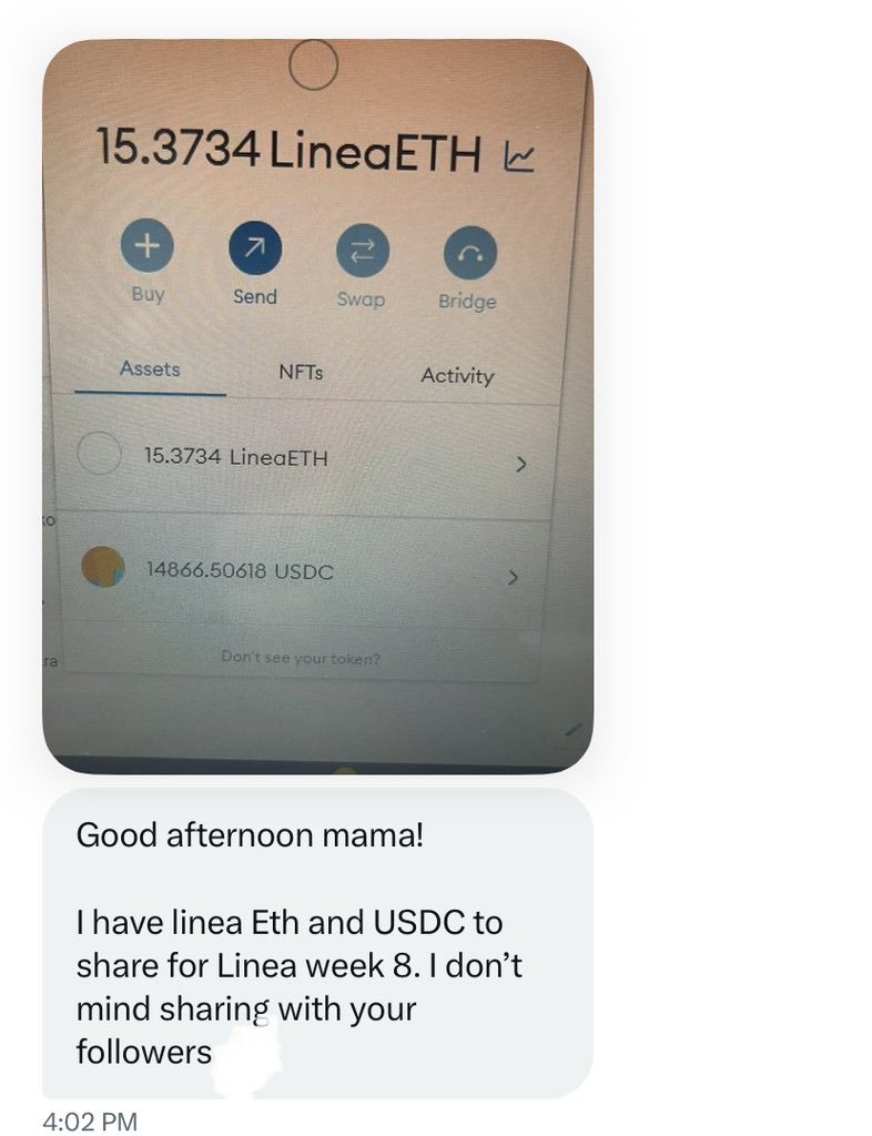 It’s going to be a long week for the linea quest

Giving out 0.5 #linea Eth to 20 people and 20 linea $USDC to 50 people that needs it.

Donated by <a href="/Oyoro4/">Friday🛸</a> 

✨follow me and <a href="/Oyoro4/">Friday🛸</a> 
✨Comment your MetaMask address and a screenshot proof 

#Airdrop #Airdrops 

24hrs ⏰