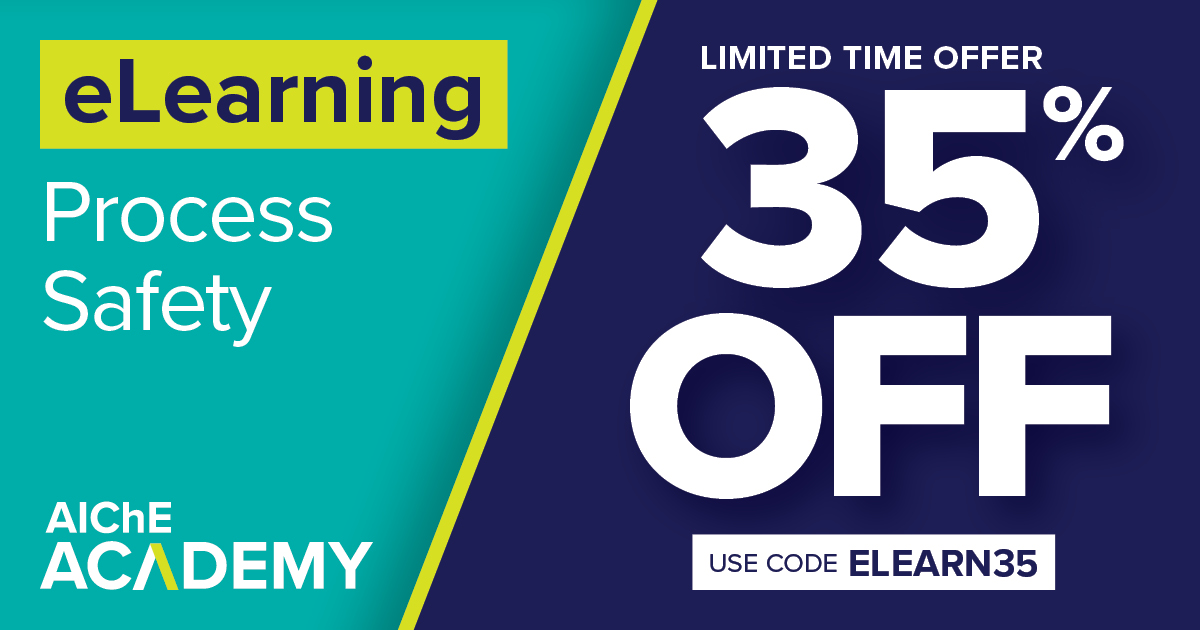 ChEnected's tweet image. Don’t miss your chance to save 35% on all eLearning courses! Use promo code ELEARN35 and register now: bit.ly/3C5PwHZ #elearningcourse #discount #processsafety #engineering #processsafetyengineer #virtualcourse
