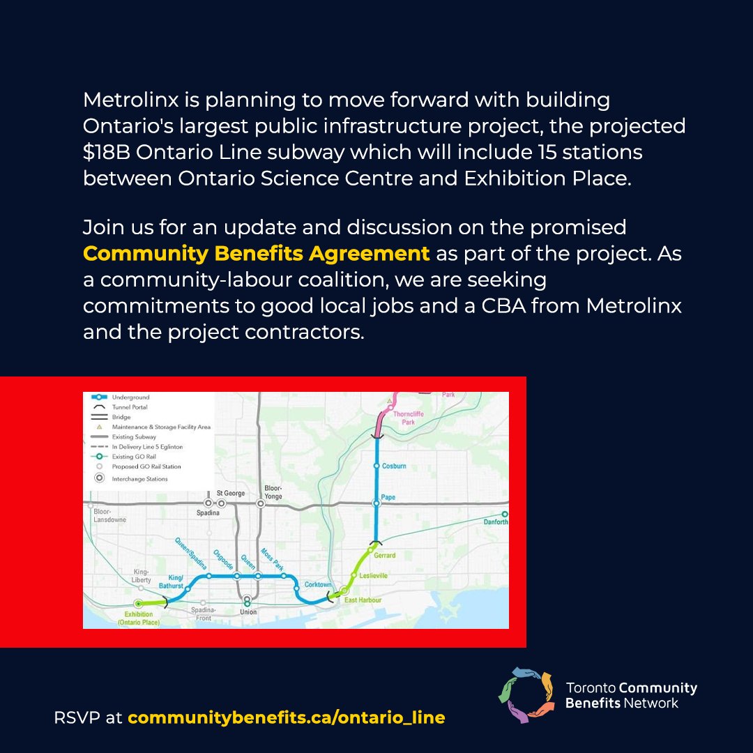We invite you to be part of an Emergency Town Hall focusing on the Community Benefits agreement for the Ontario Line Subway, Ontario's largest public infrastructure project.

To join this discussion, RSVP at communitybenefits.ca/ontario_line. Your presence is vital in shaping the future.