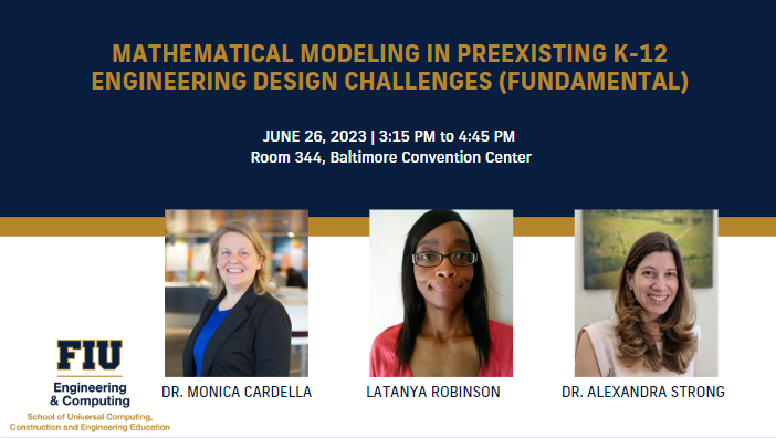 FIU_SUCCEED (@fiu_succeed) on Twitter photo Be sure to check out <a href="/CardellaME/">Monica Cardella</a> <a href="/AECoso/">Dr. Alexandra Coso Strong</a> and Latanya Robinson's presentation on "Mathematical Modeling in Preexisting K-12 Engineering Design Challenges" at the #ASEE2023 conference! Be sure to check out <a href="/CardellaME/">Monica Cardella</a> <a href="/AECoso/">Dr. Alexandra Coso Strong</a> and Latanya Robinson's presentation on "Mathematical Modeling in Preexisting K-12 Engineering Design Challenges" at the #ASEE2023 conference!
