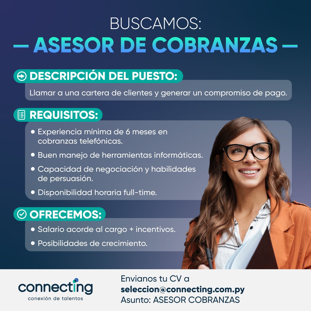 Tips para la postulación 👇🤩
➡ Contamos con filtros automáticos. Coloca el asunto indicado para que tu correo sea tomado en cuenta.
➡ El no cumplimiento de los requisitos EXCLUYENTES hace que el CV se elimine de la base de datos para futuras búsquedas.

#OportunidadLaboral