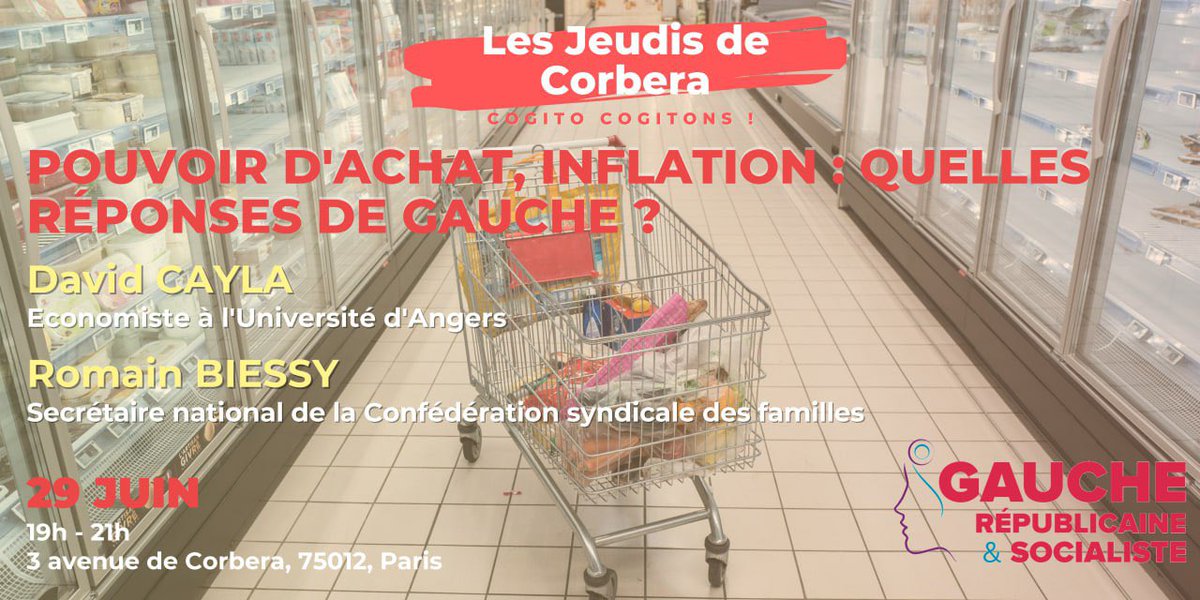 📽🎙La GRS vous invite aux 4èmes #jeudisdecorbera👉 fb.me/e/2bx5ETExy
💸#Pouvoirdachat et #inflation impactent des millions de Français. La #gauche doit dresser un état des lieux et proposer des réponses.
RDV jeudi 29 juin à 19h avec @dav_cayla et @BiessyRomain pour parler.