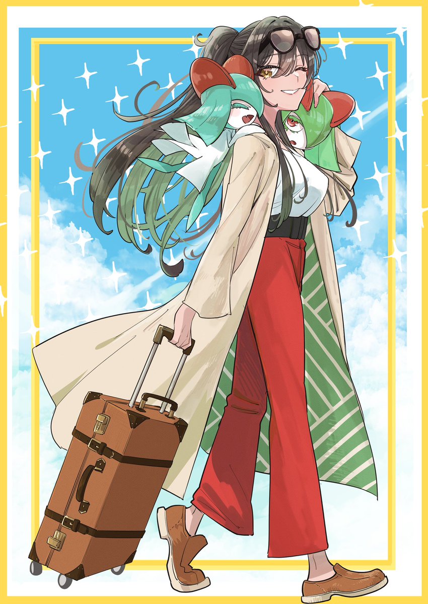 kirlia ,shirase sakuya pokemon (creature) 1girl one eye closed smile long hair pants on shoulder  illustration images