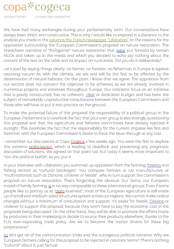 COPACOGECA's tweet photo. 📰Open Letter from @ChLambert_FNSEA to MEP and Chair of the @EP_Environment @pcanfin following his recent comments on the reasons opposition surrounding @EU_Commission's proposal on the Nature Restoration Law in the columns of 🇫🇷 newspaper @libe 

👉Full letter in English and French available on our website : https://t.co/rxrwQsjJ0s