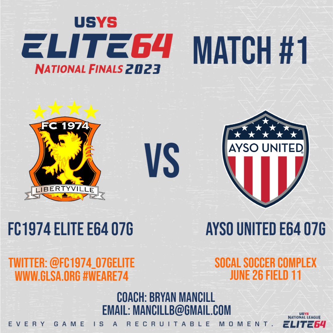 The road to the <a href="/NationalLeague/">National League</a> E64 Finals starts TODAY. LETS GO!!!!  <a href="/FC1974GLSA/">GLSA FC 1974 Libertyville</a> <a href="/CoachBMancill/">Bryan Mancill</a> <a href="/ImYouthSoccer/">ECNL/GA/Recruiting/College Soccer</a> @SoccerMomInt <a href="/ImCollegeSoccer/">College Soccer Truth ™</a> <a href="/Smileski17/">Srgjan Smileski</a> <a href="/RainaSoccer/">Raina Schmitt</a> <a href="/ellarsager/">Ella Sager</a> <a href="/madelineel12/">Madeline Lewis</a> <a href="/EmaDelg20Soccer/">Ema Delgado</a> @KaelynCardwell <a href="/Tessmcgorm13/">Tess McGormley</a> <a href="/shannonphips/">Shannon Phillips</a>