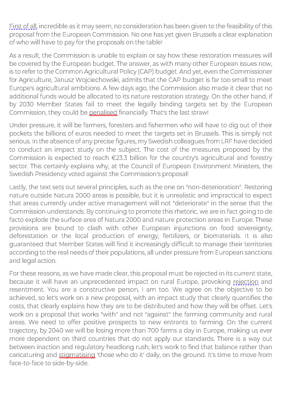 COPACOGECA's tweet photo. 📰Open Letter from @ChLambert_FNSEA to MEP and Chair of the @EP_Environment @pcanfin following his recent comments on the reasons opposition surrounding @EU_Commission's proposal on the Nature Restoration Law in the columns of 🇫🇷 newspaper @libe 

👉Full letter in English and French available on our website : https://t.co/rxrwQsjJ0s