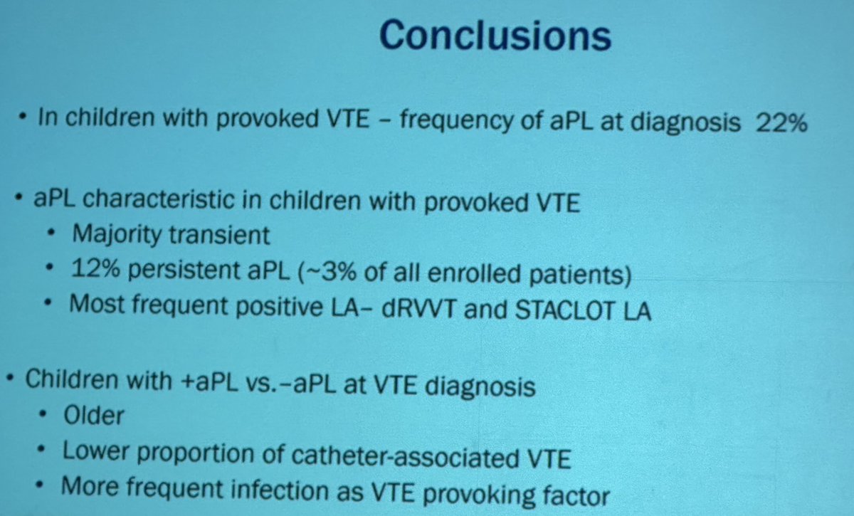Dr Betensky shares sub analysis of KIDS-DOTT: 22% w APL at diagnosis, 2.5% w persistent + at 12w. One w triple +APS. Majority single + (PTT-LA and drvvt). Higher rates of infection as provoking event. #ISTH2023