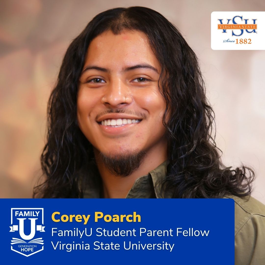 VSU is proud to introduce the 2023-24 Generation Hope #FamilyU Student-Parent Fellow, Mr. Corey Poarch. Corey is Psychology major and father to 1 son, Legend. He will be working with the VSU FamilyU team to help make institutional change for #studentparents at VSU.