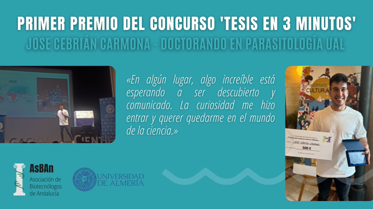 Enhorabuena a <a href="/pepe_cebri/">Pepe</a> por ganar el primer premio del concurso #Tesisen3Minutos en la <a href="/ualmeria/">Universidad de Almería</a> 🏆🔬📣🧪