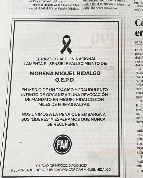 EIJefeDiego's tweet photo. Mi más sentido pésame a @PartidoMorenaMx en la @AlcaldiaMHmx.

Están muerto. Intentaron hacer una revocación de mandato y les cayeron en la tranza, más de la mitad de las firmas eran de muertos o firmas falsas.

¿A donde te mando tu corona @vromog? https://t.co/hO3T6JGltd