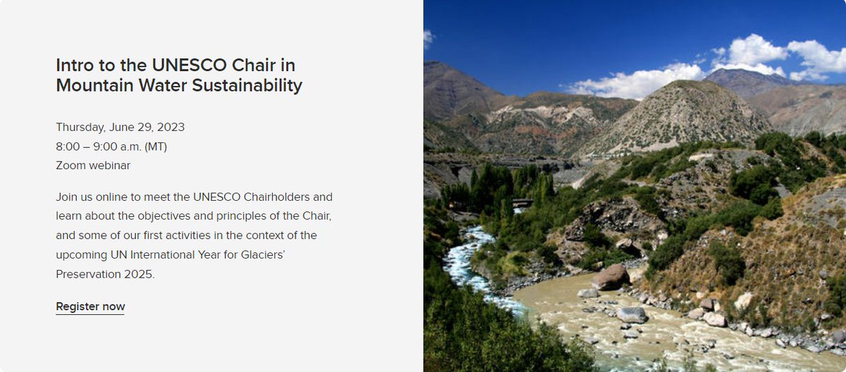 Global Water Futures (@gwfutures) on Twitter photo The new <a href="/UNESCO/">UNESCO 🏛️ #Education #Sciences #Culture 🇺🇳</a> Chair in Mountin Water Sustainability aims to achieve sustainability for high mountain waters under the stress of climate change.
Learn more about the Chairholders and some of the first activities this Thursday, June 29th at 8 am MDT 👉 events.ucalgary.ca/research/event… The new <a href="/UNESCO/">UNESCO 🏛️ #Education #Sciences #Culture 🇺🇳</a> Chair in Mountin Water Sustainability aims to achieve sustainability for high mountain waters under the stress of climate change.
Learn more about the Chairholders and some of the first activities this Thursday, June 29th at 8 am MDT 👉 events.ucalgary.ca/research/event…