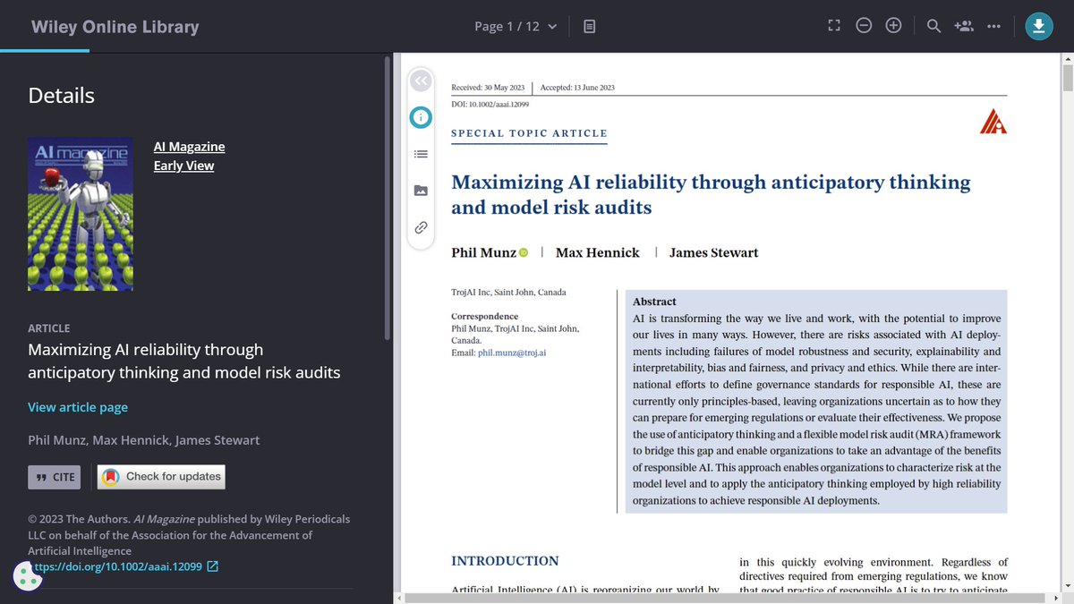 Looking to balance AI/ML/LLM risk and reward? TrojAI is proud to contribute to the journal of record for the AI community, AI Magazine by <a href="/WileyGlobal/">Wiley</a> and <a href="/RealAAAI/">AAAI</a>  doi.org/10.1002/aaai.1… #ResponsibleAI #AIRisk #AISecurity