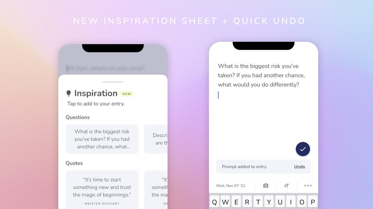 🤓Version 3.13 (in beta!) was focused on simplifying the experience and making your favorite features easier 
to use. 

1 / New ‘Inspiration' sheet.

Tap the 💡 to swipe through and select your prompt. Not satisfied? Undo with one tap.

🧵with more...