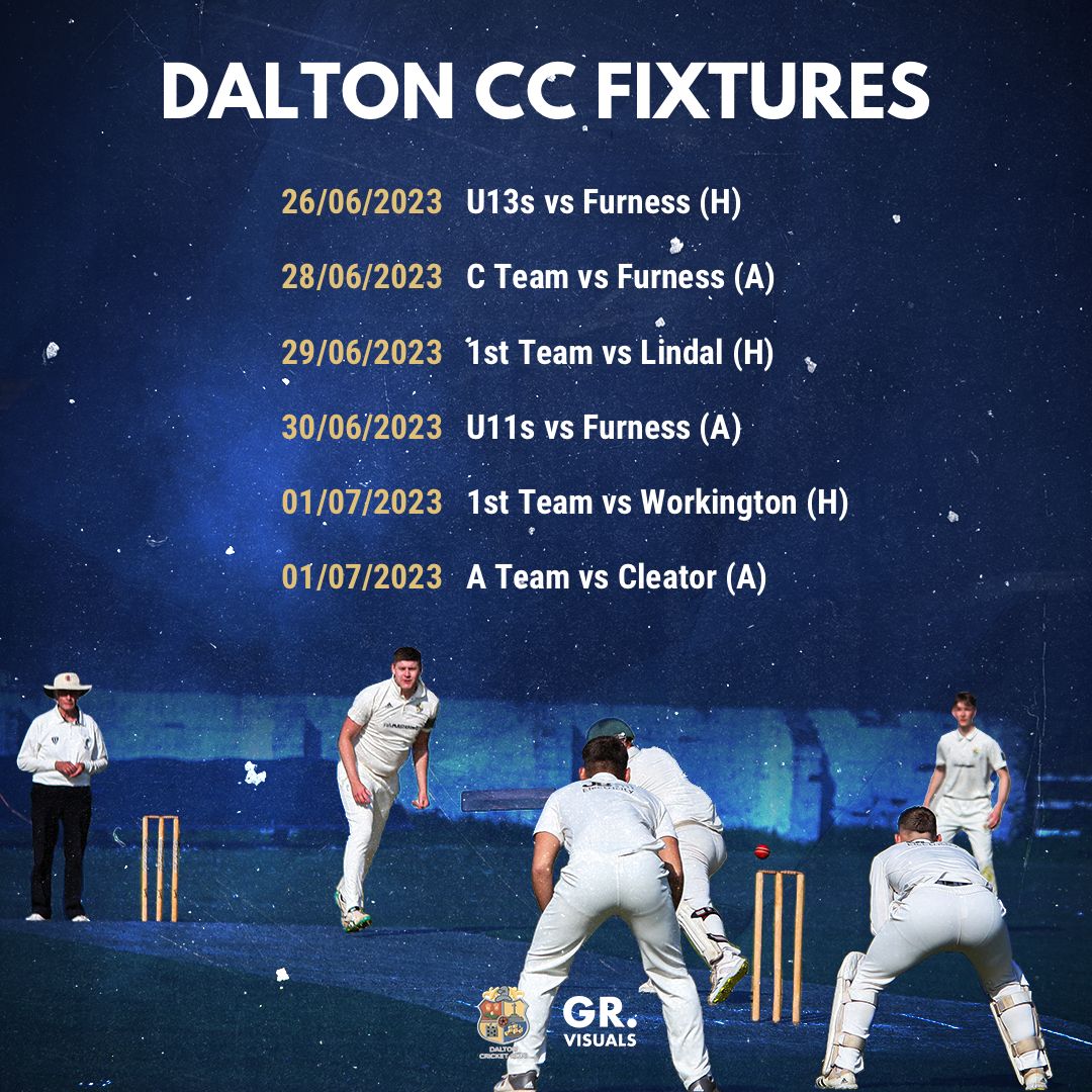 WEEKLY FIXTURES🏏
MONDAY
-U13’s at Home v <a href="/FurnessCC/">Furness Cricket Club</a>
WEDNESDAY
-C Team Away b <a href="/FurnessCC/">Furness Cricket Club</a>
THURSDAY
-1st Team at Home v <a href="/LindalMoorCC/">Lindal Moor CC</a> 
FRIDAY
-U11’s Away v <a href="/FurnessCC/">Furness Cricket Club</a>
SATURDAY
-1st Team at Home v <a href="/WorkingtonCC/">Workington Cricket Club</a>
-A team Away to <a href="/CcCleator/">Cleator CC</a>

Thanks to <a href="/GR_Visuals_/">Glen</a> 
 for the Template 👏🏼