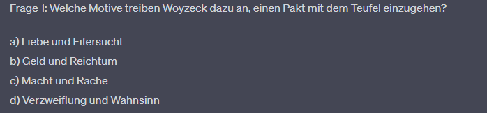 TreeedJannik's tweet photo. Danke ChatGPT, das du Faust und Woyzeck so gut unterscheiden kannst. 💀

Habe kurz an mir gezweifelt, dann hat es sich aber entschuldigt. https://t.co/c8slot8S6k