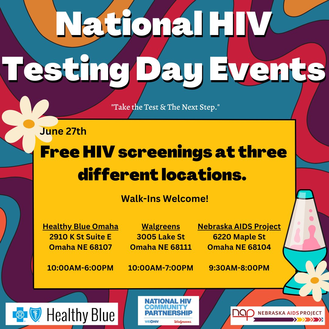 neAIDSproject's tweet photo. ♥️National HIV Testing Day is tomorrow, and we've got a few locations offering free walk-in HIV screenings! Check it out. #NationalHIVTestingDay #HIVTesting #FreeHIVTesting #Nebraska #NebraskaAIDSProject #HealthyBlueOmaha #HealthyBlue #Walgreens #June #June27th https://t.co/bwA9GGU8Xs