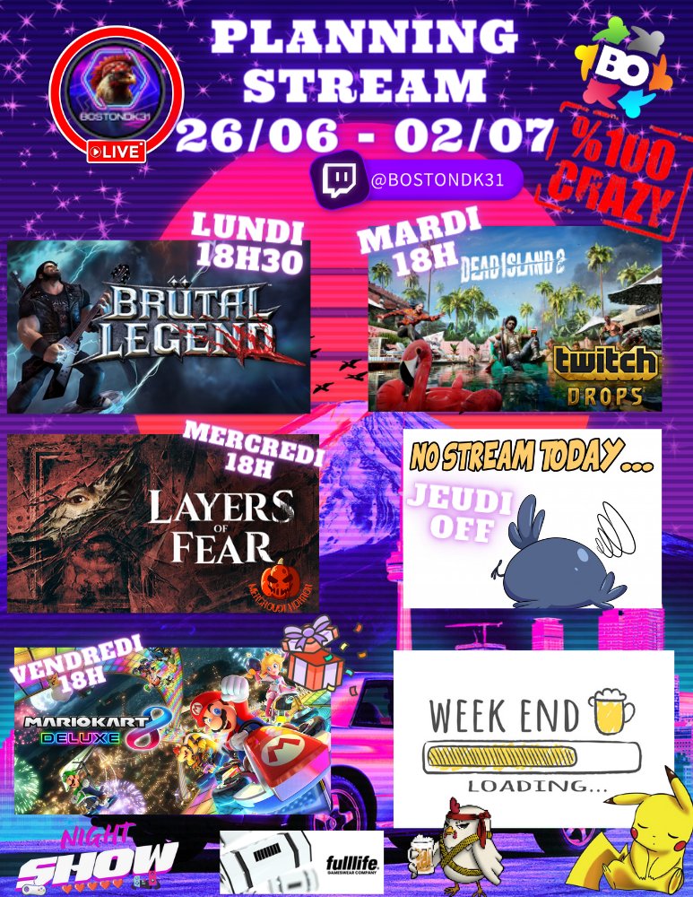 Hello les poulets,  NEW PLANNING STREAM  Du Fun, de la rage, des délires bref rejoins nous passer un bon moments entre barjo !!!  
Twitch.tv/bostondk31 🎉
<a href="/RT4French/">FrenchRT</a> <a href="/RTtwitchFR/">RT Twitch FR</a> @RTStreamee <a href="/PetitsStreams/">SoutienPetitsStreams</a> <a href="/PtitTwitchFR/">Le P'tit Twitch FR - Bot 🚀</a> <a href="/BotStreamer/">StreamerBotFR</a>