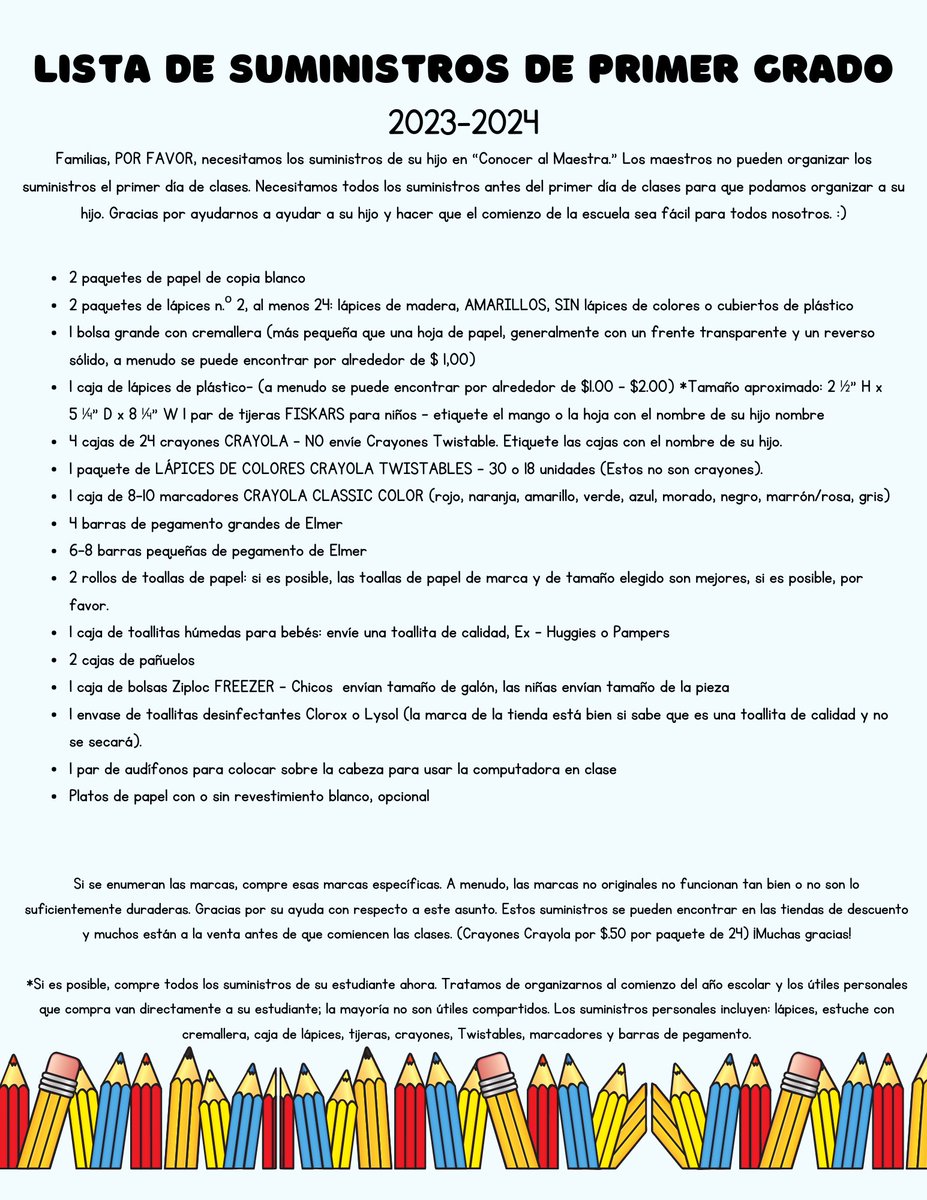K-1st Bilingual Supply Lists here! Others to follow.