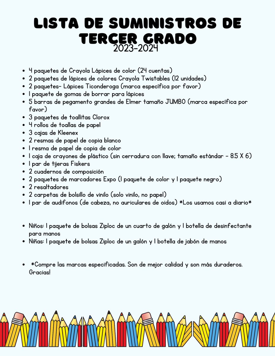 2nd-3rd Grade Bilingual Supply Lists 2023-24