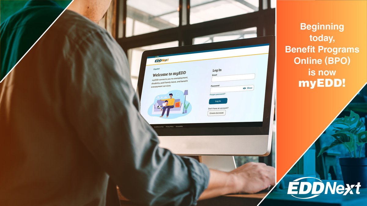 CA_EDD's tweet photo. myEDD is here! 

Beginning today, Benefit Programs Online (BPO) is now myEDD. myEDD is a simple and more secure way to access your benefits! (1/2) https://t.co/vGjb5od2GN