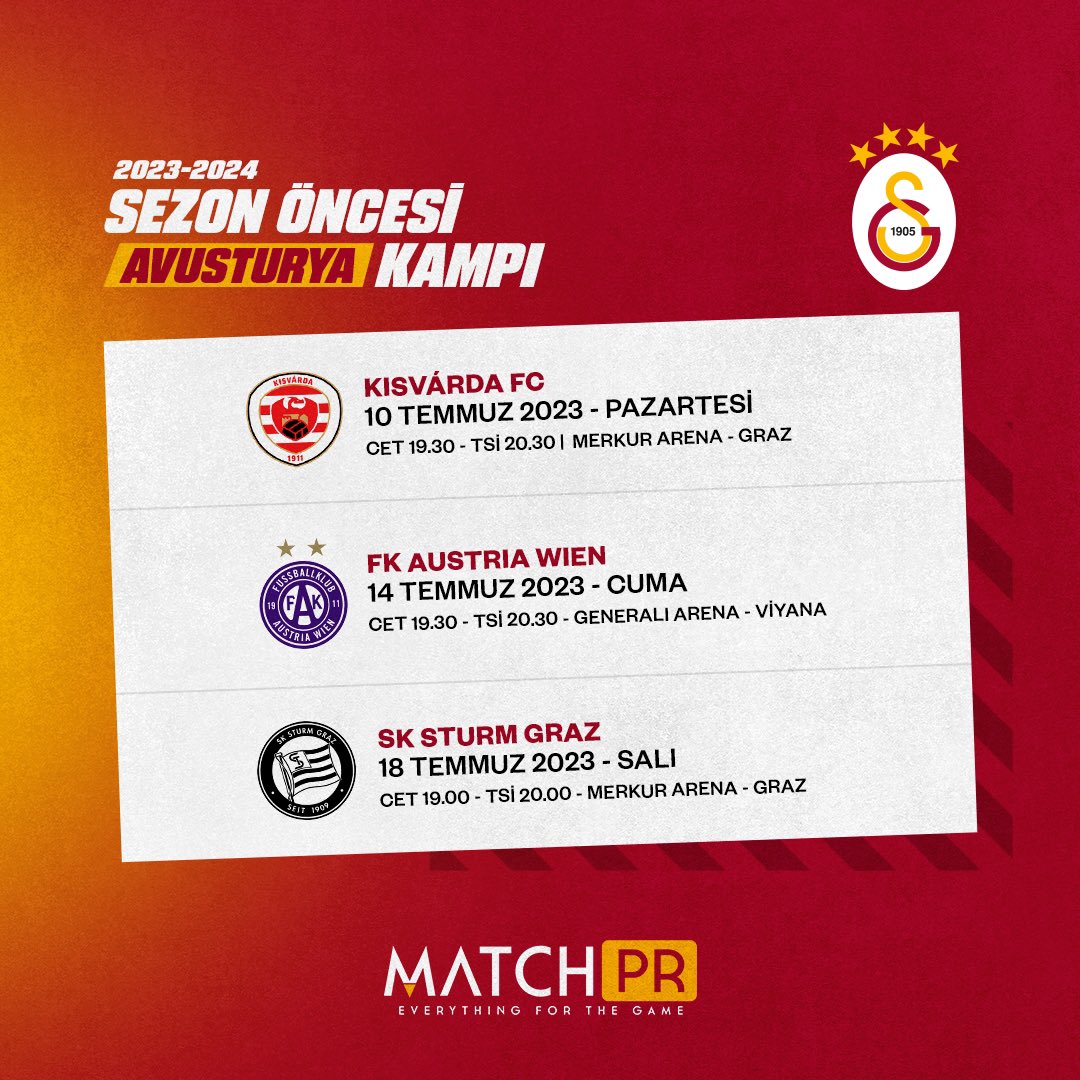 Galatasaray, kamp programını açıkladı.

Galatasaray - Kisvárda FC
Tarih: 10.07.2023
Maç Saati: 20.30 TSİ
 
FK Austria Wien - Galatasaray
Tarih: 14.07.2023
Maç Saati: 20:30
 
SK Sturm Graz - Galatasaray
Tarih: 18.07.2023
Maç Saati: 20:00