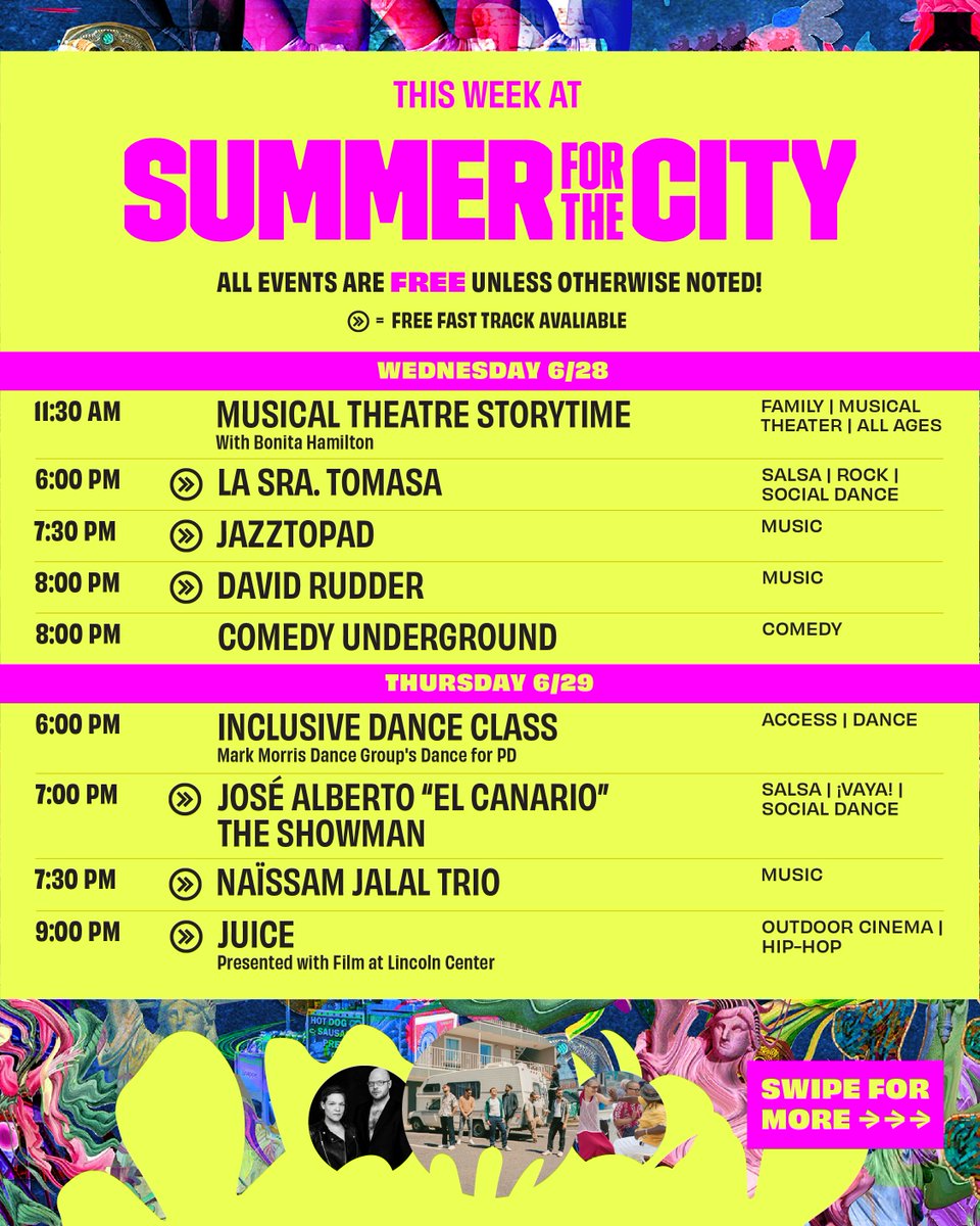 LincolnCenter's tweet photo. This week at #SummerForTheCity we've got 🎙️ stand-up comedy, ☂️ The Big Umbrella Festival, 🏟️ outdoor concerts, &amp; so much more!

🎫 FREE Fast Track reservations are available NOW for select events. Learn more about Fast Track &amp; explore what's coming up at https://t.co/W1pCj12e4O. https://t.co/n5dAOpP7Az