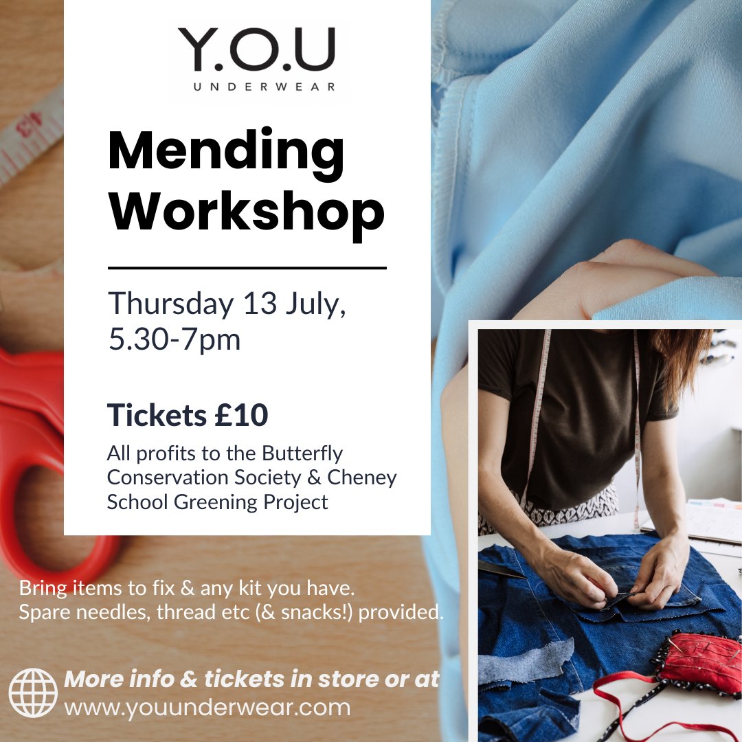 Stitch it, don't ditch it - you're invited to join our first-ever mending clothes workshop on Thursday 13th July! As part of our ongoing sustainability drive, we are hosting a hands-on, fun 90 minute workshop in our Y.O.U Oxford shop, (5:30pm - 7pm).  my.mtr.cool/odbpumdzgd