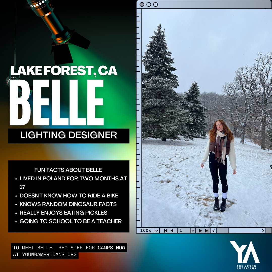 Meet the 2023 Summer Camp Tech Team
Belle from Lake Forest, CA

#cast #theyoungamericans #michigan #tour #lakeorion #highlandsharborsprings #hollandmi #performingarts #musicoutreach #workshop #yacollege
