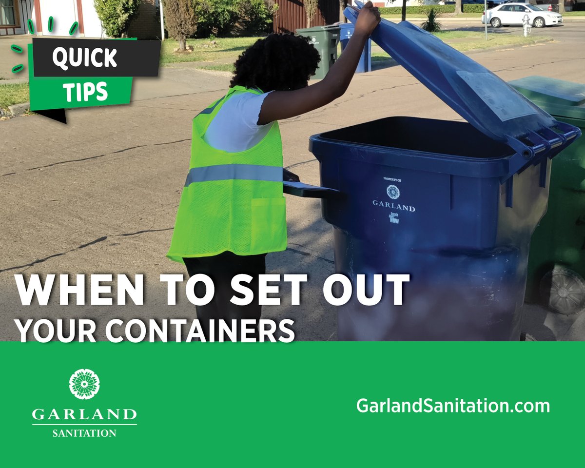 garlandtxgov's tweet image. Don’t miss us! On your designated collection day, put your container outside by 7 a.m. For more information, visit garlandtx.gov/3663/Sanitation.
.
.
#GarlandTX #Sanitation #CollectionDay