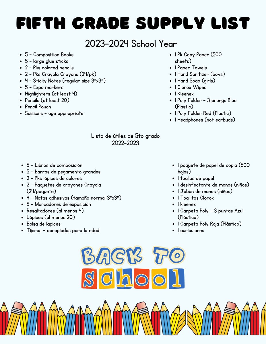 Concord Elementary School (@concord_el) on Twitter photo 4th-5th Grade Bilingual Supply Lists 2023-24 —-4th Grade list has been updated. <a href="/lholmes7/">Dr. Lisa Holmes 🥋</a> 4th-5th Grade Bilingual Supply Lists 2023-24 —-4th Grade list has been updated. <a href="/lholmes7/">Dr. Lisa Holmes 🥋</a>