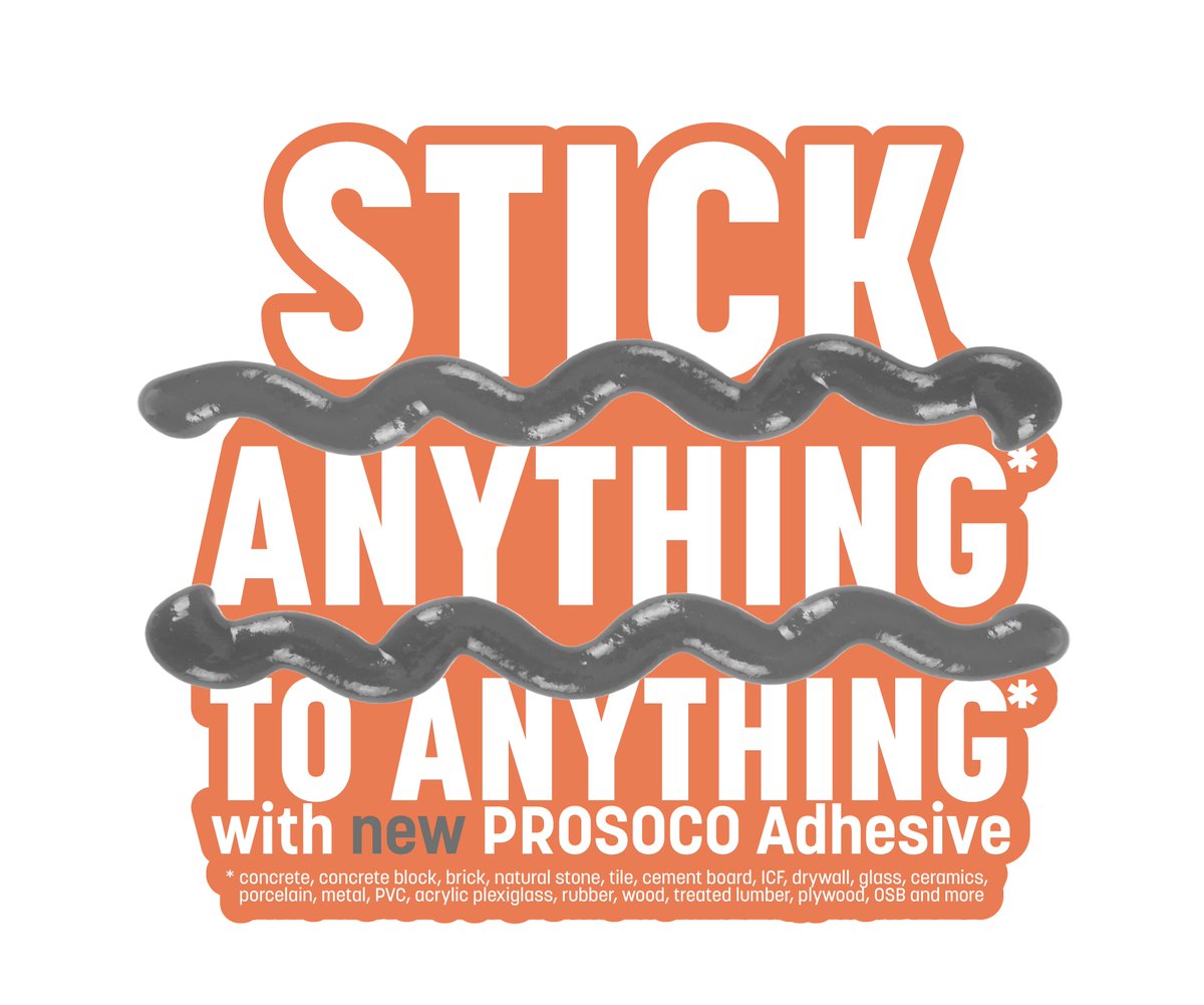 PROSOCO's tweet image. PROSOCO Adhesive works on: concrete, concrete block, brick, natural stone, tile, cement board, ICF, drywall, glass, ceramics, porcelain, metal, PVC, acrylic plexiglass, rubber, wood, treated lumber, plywood, OSB and more. hubs.ly/Q01VQ44l0