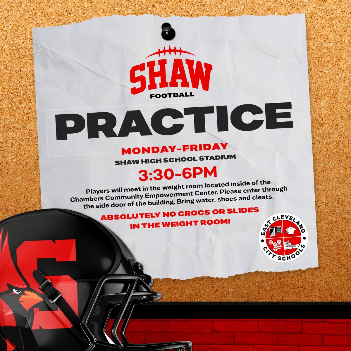 Shaw Football practice for all interested students begins TODAY at 3:30PM at Shaw Stadium. Players will meet in the weight room inside of the Chambers Community Empowerment Center. Bring water, shoes and cleats! Absolutely no Croc/Slides allowed in the weightroom! @shawcardinalfb