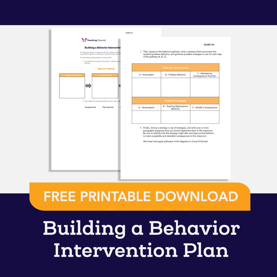 TeachingChannel's tweet image. If a student’s behavior is interfering with their ability to learn and perform, they may need the addition of a behavior intervention plan, also known as a BIP. Try out this template from course 5254 to create a Behavior Intervention Plan: hubs.la/Q01VC_SW0. 

#EdResource