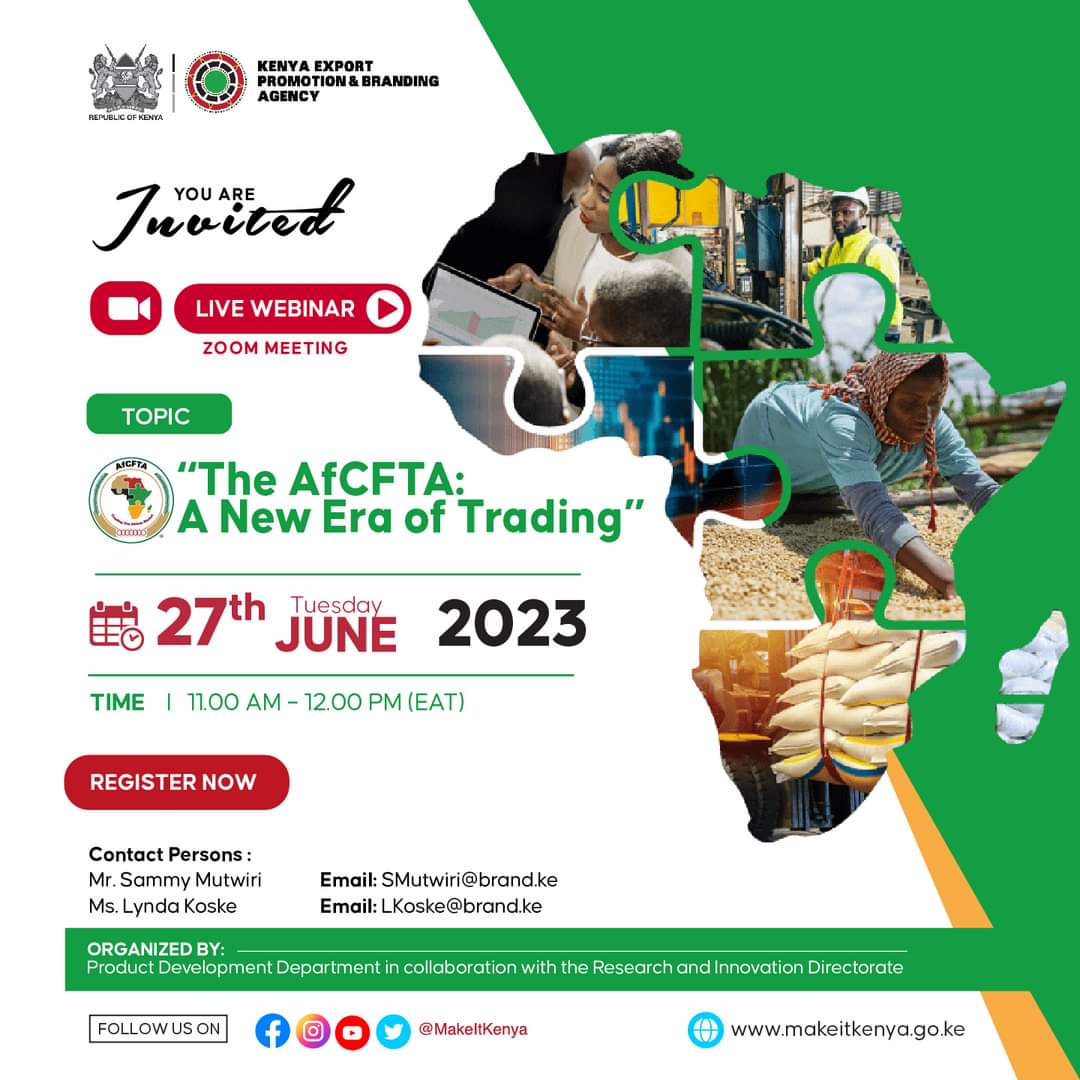 WEBINAR INVITATION

Discover trade opportunities within the African Continental Free Trade Area (AfCFTA) Agreement in our upcoming sensitization webinar. 

This webinar will shed light on the potential benefits and avenues for growth within AfCFTA. 

Date: 27th June 2023
Time:…