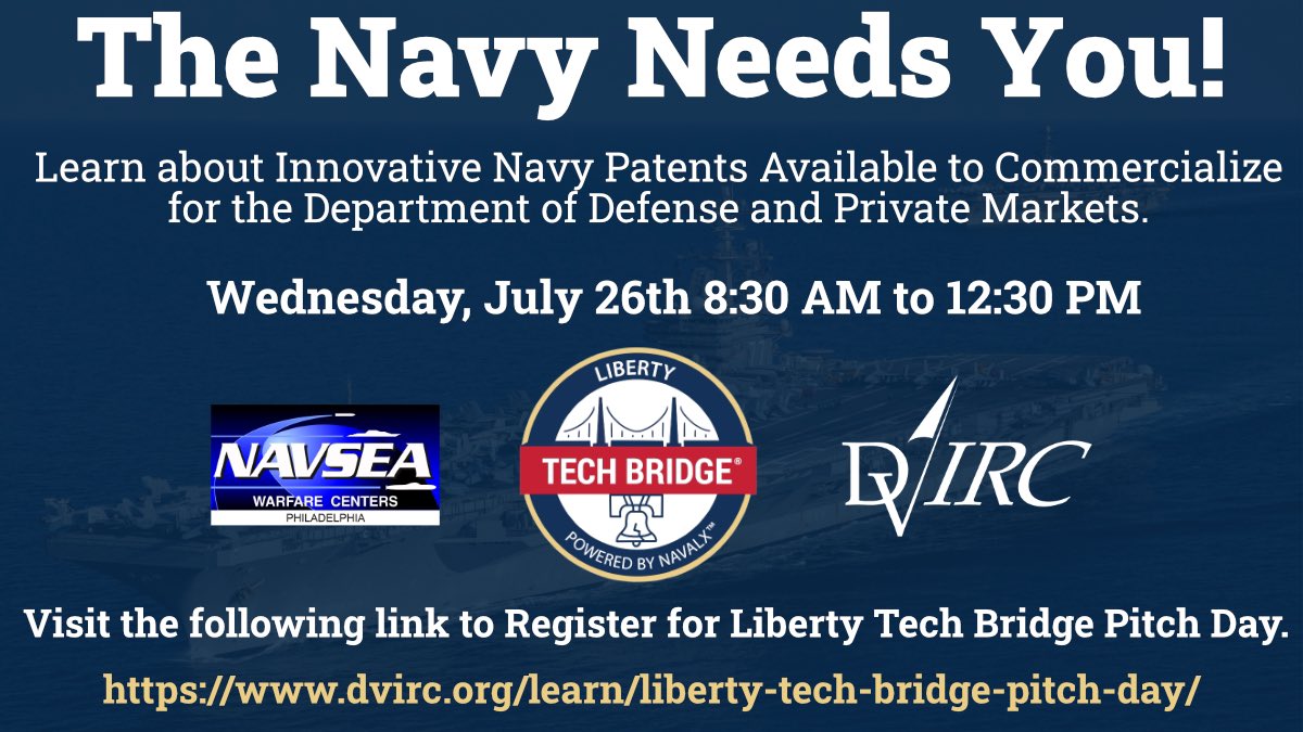 Calling all innovators! Join us July 26th for the inaugural Liberty Tech Bridge Pitch Day! Visit dvirc.org/learn/liberty-… to register & for more info! #PhillyTech #DefenseInnovation #DefenseIndustrialBase #Discovertheyard