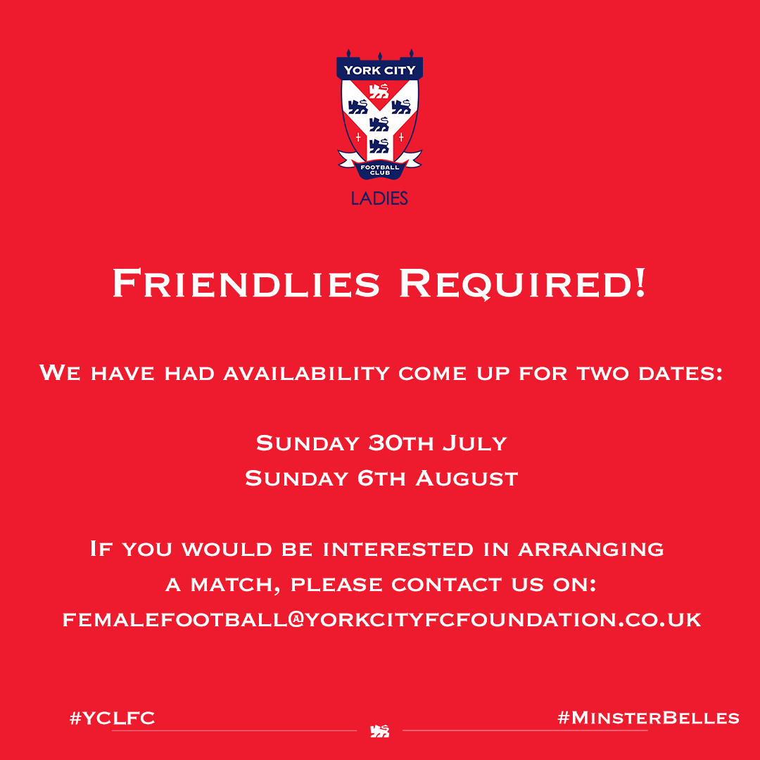 York City Ladies FC (@yorkcitylfc) on Twitter photo 📅🤝 Two friendlies required!
With pre-season fast approaching we have two dates for friendlies that have become available.
📅 Sunday 30th July
📅 Sunday 6th August
If you are looking for a friendly and wish to arrange a fixture please contact us!
#YCLFC #MinsterBelles 📅🤝 Two friendlies required!
With pre-season fast approaching we have two dates for friendlies that have become available.
📅 Sunday 30th July
📅 Sunday 6th August
If you are looking for a friendly and wish to arrange a fixture please contact us!
#YCLFC #MinsterBelles