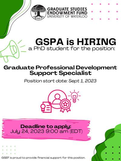 🚨 JOB ALERT 🚨
<a href="/UWaterlooGSPA/">UWaterloo Grad Studies & Postdoc Affairs</a> is accepting applications from @uwaterloo PhD students for the role:
Graduate Professional Development Support Specialist. For details, visit: tinyurl.com/4mam4h7z
.
Deadline to apply: July 24, 2023 9:00 am EST
#uwaterloo #gradstudent #waterloo